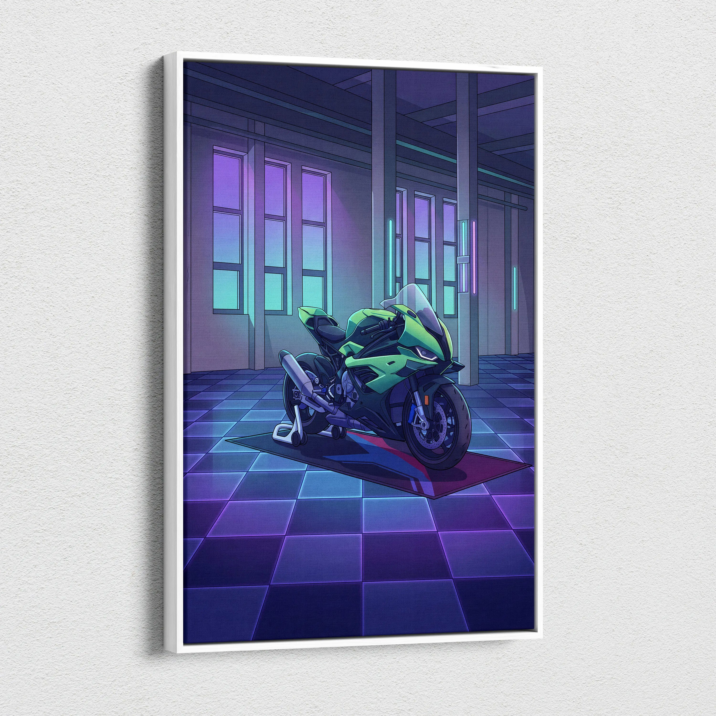 BMW S1000RR Inspired Green Purple Motorcycle Canvas Wall Art Vaporwave Neon Sportbike Garage Decor Retro Futuristic Racing Artwork