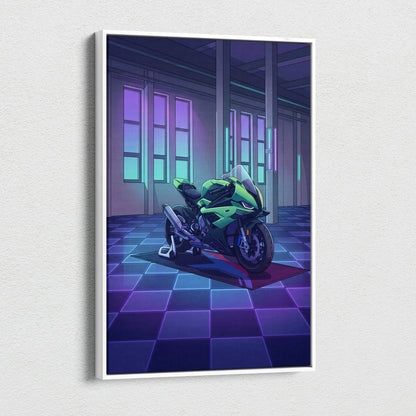 BMW S1000RR Inspired Green Purple Motorcycle Canvas Wall Art Vaporwave Neon Sportbike Garage Decor Retro Futuristic Racing Artwork