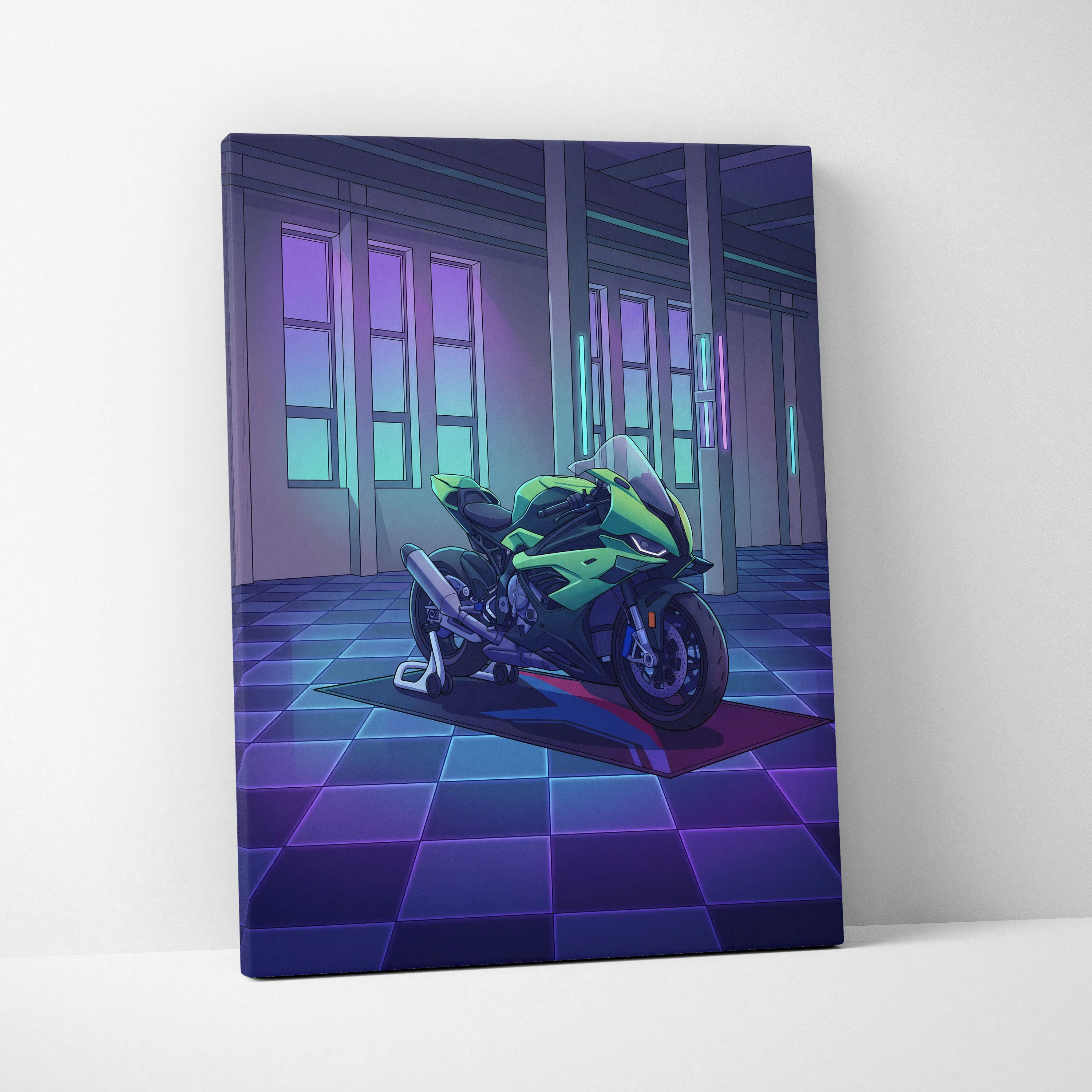 BMW S1000RR Inspired Green Purple Motorcycle Canvas Wall Art Vaporwave Neon Sportbike Garage Decor Retro Futuristic Racing Artwork
