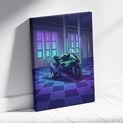 BMW S1000RR Inspired Green Purple Motorcycle Canvas Wall Art Vaporwave Neon Sportbike Garage Decor Retro Futuristic Racing Artwork