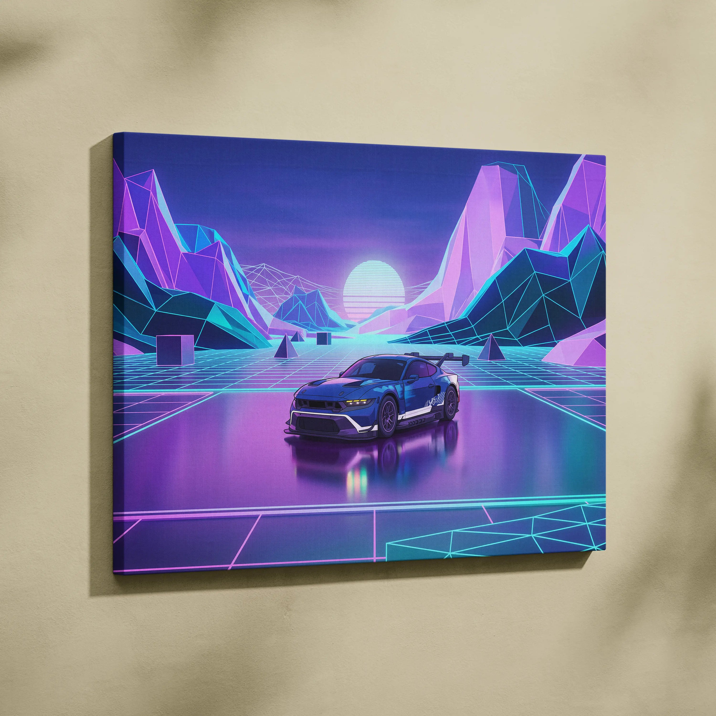 Ford Mustang GTD Inspired Blue Purple Canvas Wall Art Vaporwave Race Car Artwork Neon Mountain Garage Decor Retro Futuristic Motorsport Print