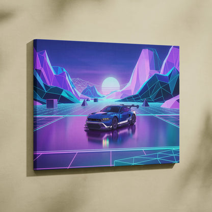 Ford Mustang GTD Inspired Blue Purple Canvas Wall Art Vaporwave Race Car Artwork Neon Mountain Garage Decor Retro Futuristic Motorsport Print