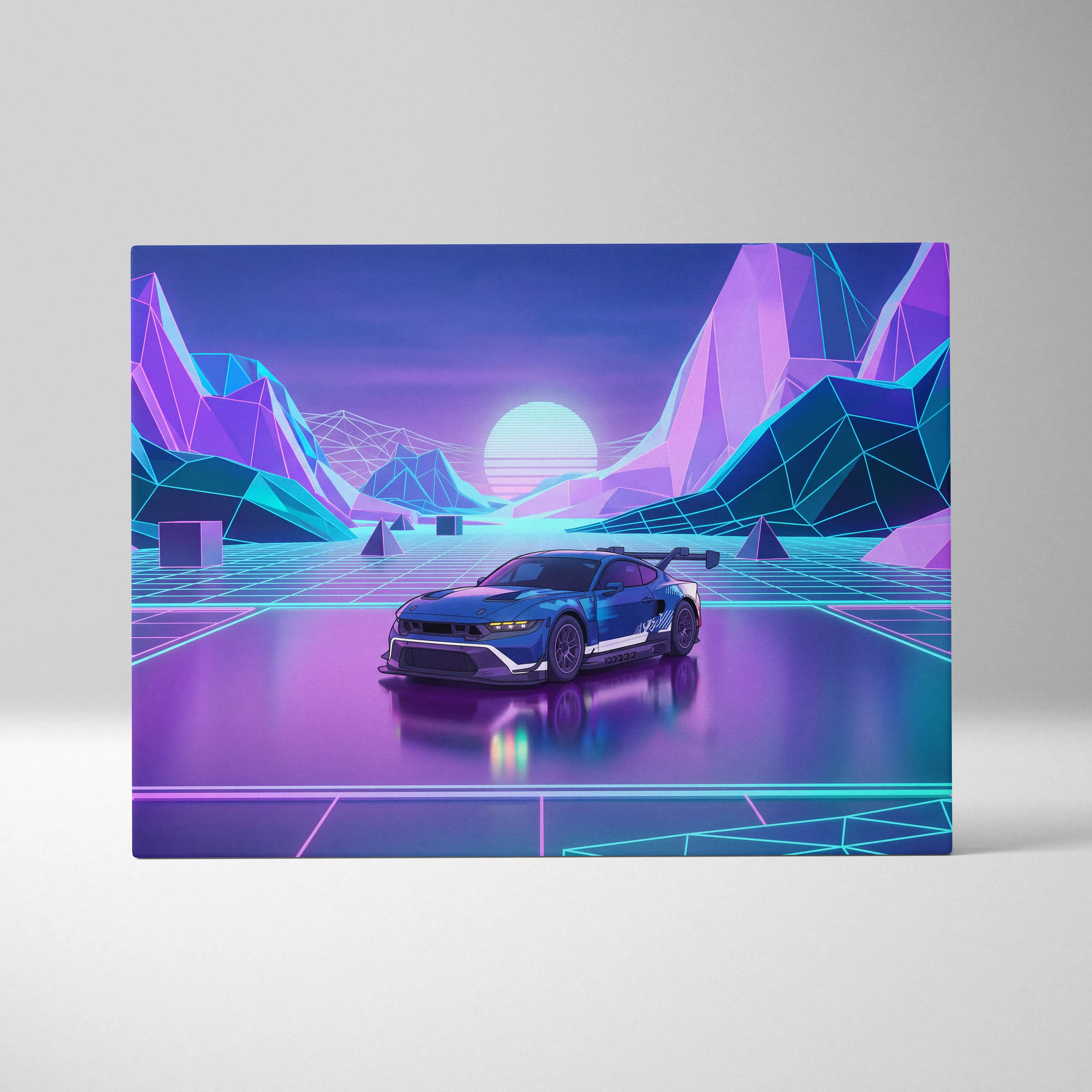Ford Mustang GTD Inspired Blue Purple Canvas Wall Art Vaporwave Race Car Artwork Neon Mountain Garage Decor Retro Futuristic Motorsport Print