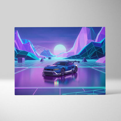 Ford Mustang GTD Inspired Blue Purple Canvas Wall Art Vaporwave Race Car Artwork Neon Mountain Garage Decor Retro Futuristic Motorsport Print