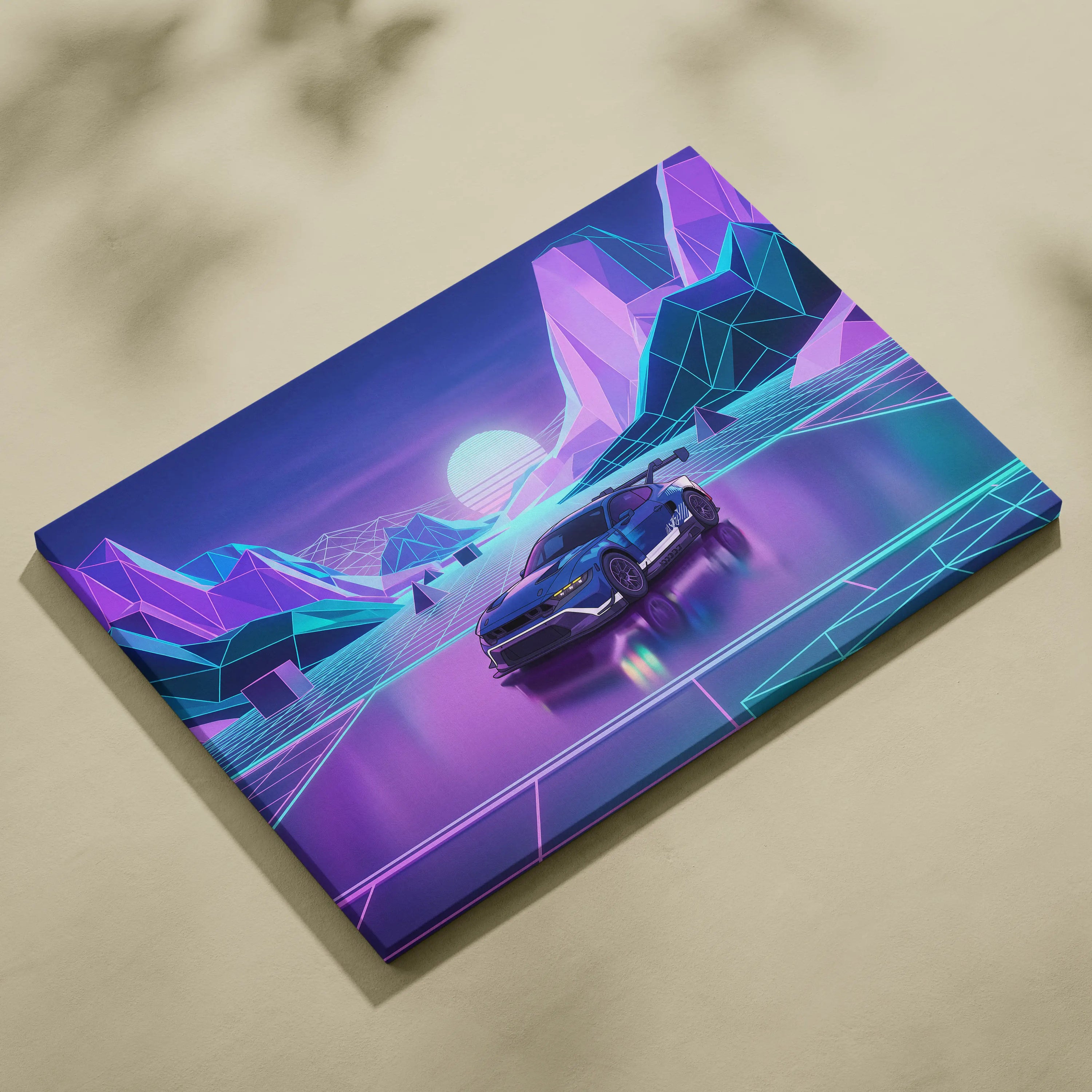Ford Mustang GTD Inspired Blue Purple Canvas Wall Art Vaporwave Race Car Artwork Neon Mountain Garage Decor Retro Futuristic Motorsport Print