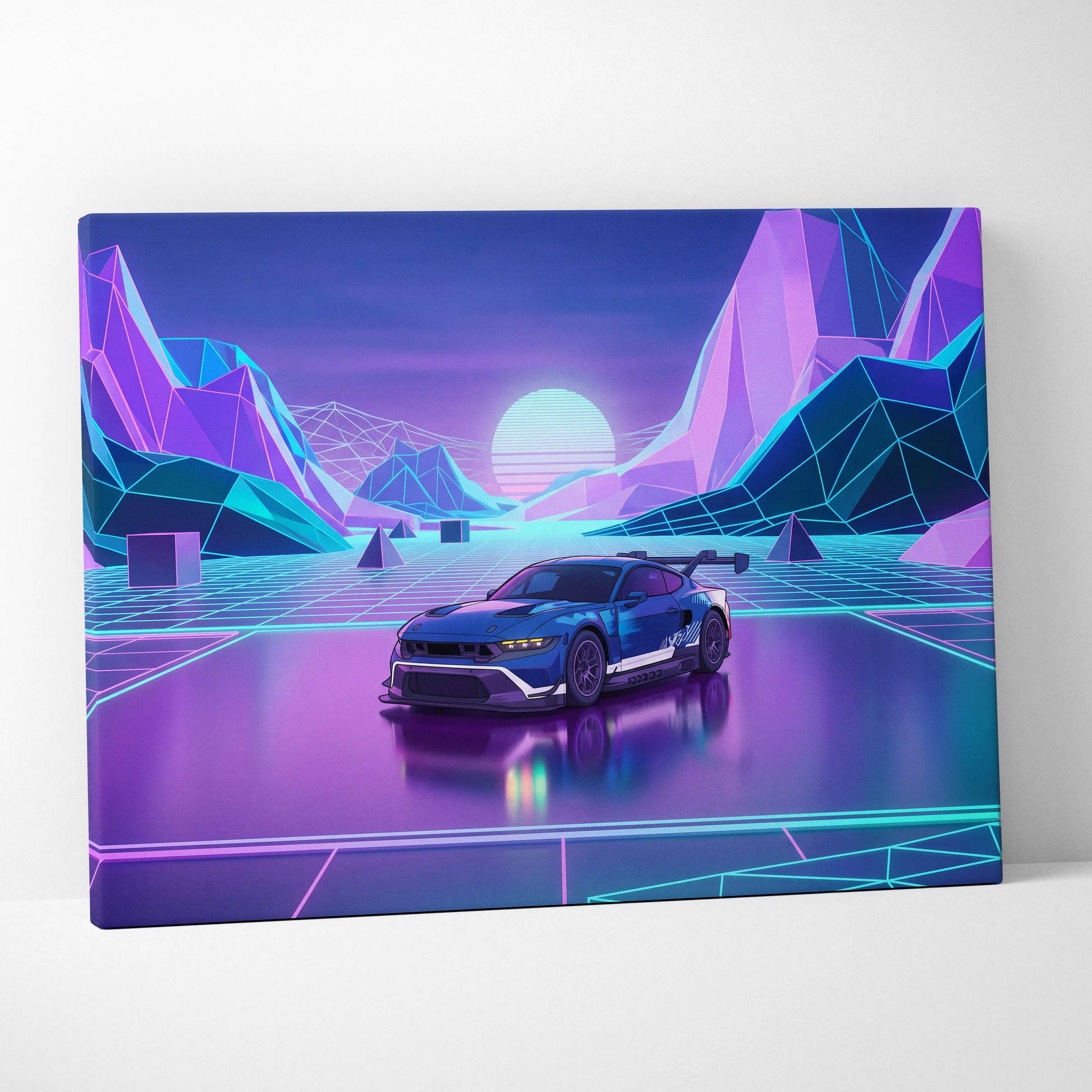 Ford Mustang GTD Inspired Blue Purple Canvas Wall Art Vaporwave Race Car Artwork Neon Mountain Garage Decor Retro Futuristic Motorsport Print