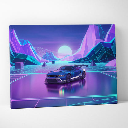 Ford Mustang GTD Inspired Blue Purple Canvas Wall Art Vaporwave Race Car Artwork Neon Mountain Garage Decor Retro Futuristic Motorsport Print