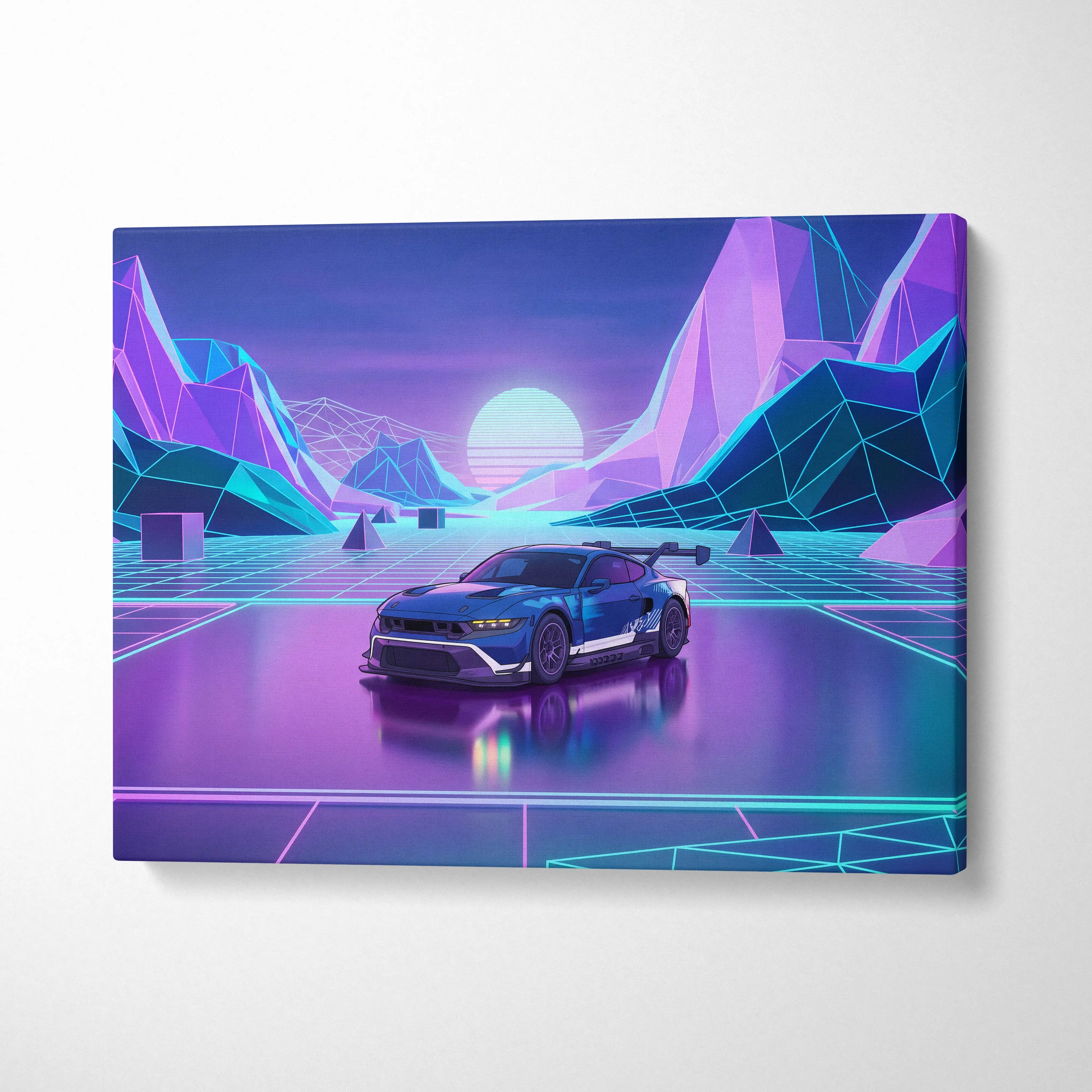 Ford Mustang GTD Inspired Blue Purple Canvas Wall Art Vaporwave Race Car Artwork Neon Mountain Garage Decor Retro Futuristic Motorsport Print