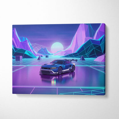 Ford Mustang GTD Inspired Blue Purple Canvas Wall Art Vaporwave Race Car Artwork Neon Mountain Garage Decor Retro Futuristic Motorsport Print
