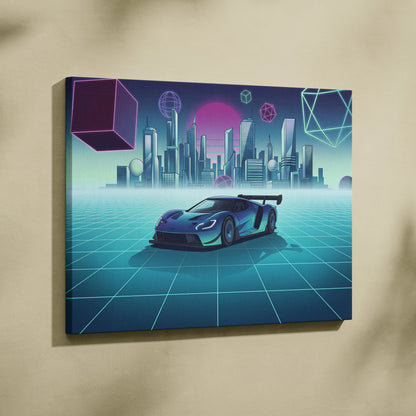 Ford GT Inspired Blue Teal Canvas Wall Art Vaporwave Supercar Artwork Neon City Garage Decor Retro Futuristic Motorsport Print