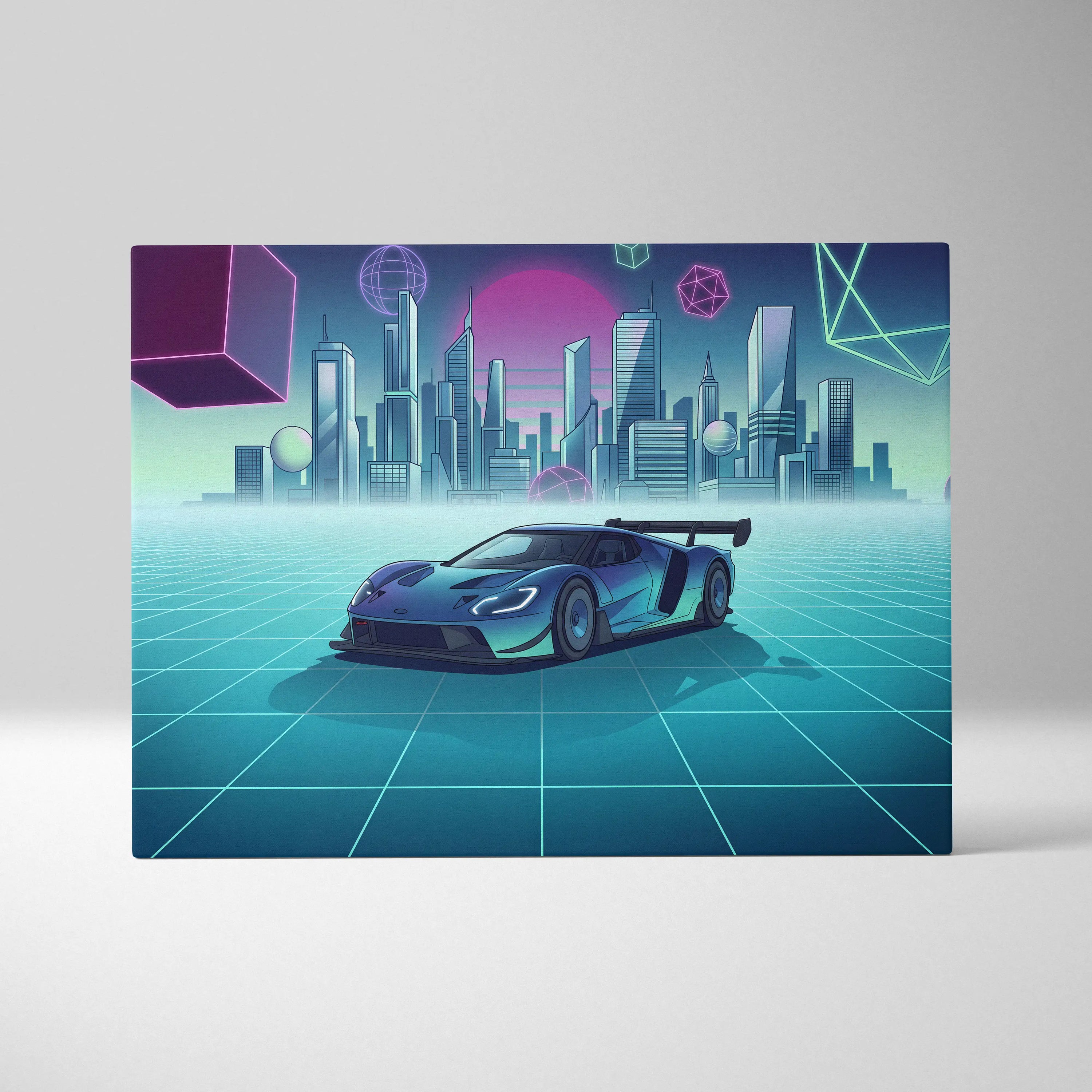 Ford GT Inspired Blue Teal Canvas Wall Art Vaporwave Supercar Artwork Neon City Garage Decor Retro Futuristic Motorsport Print