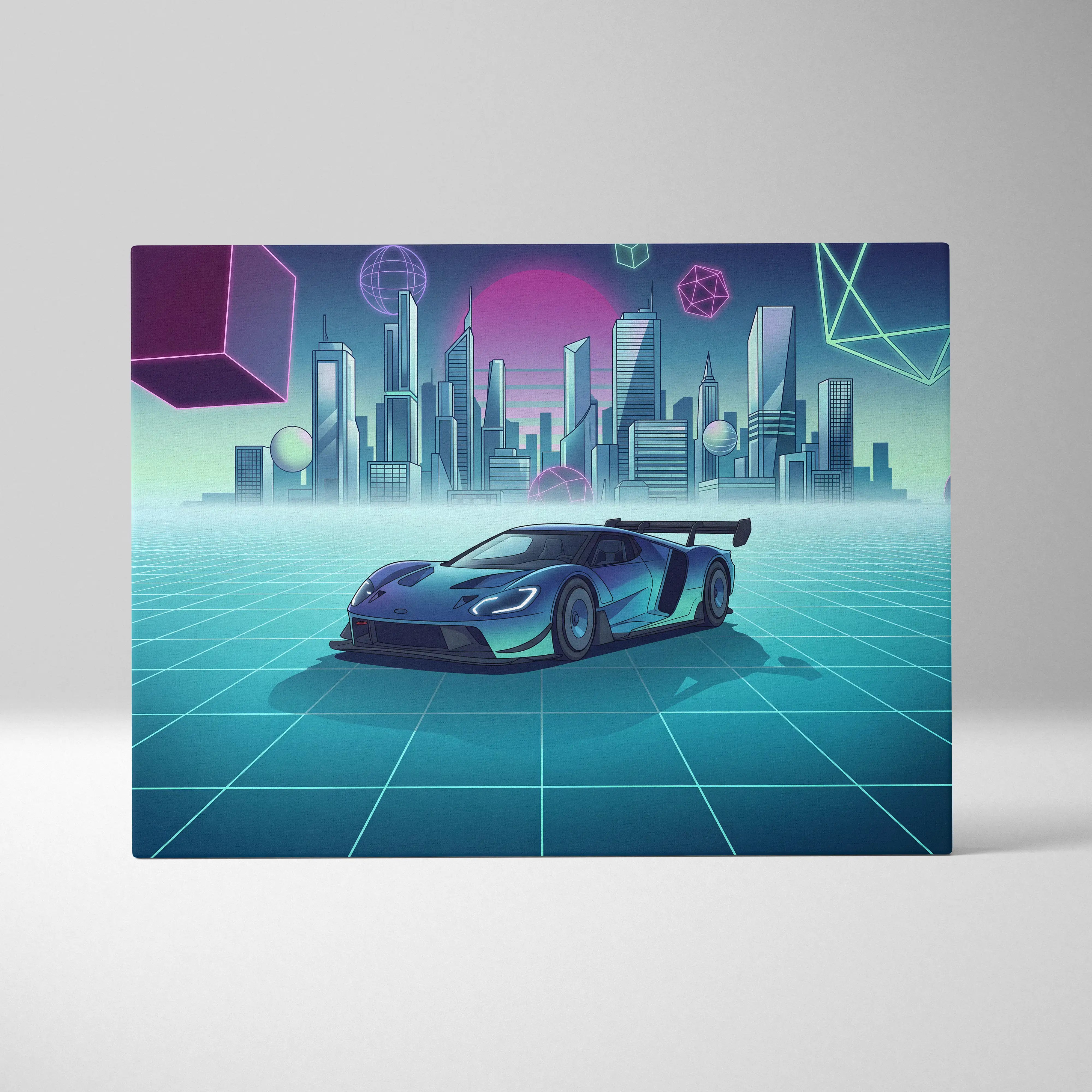 Ford GT Inspired Blue Teal Canvas Wall Art Vaporwave Supercar Artwork Neon City Garage Decor Retro Futuristic Motorsport Print