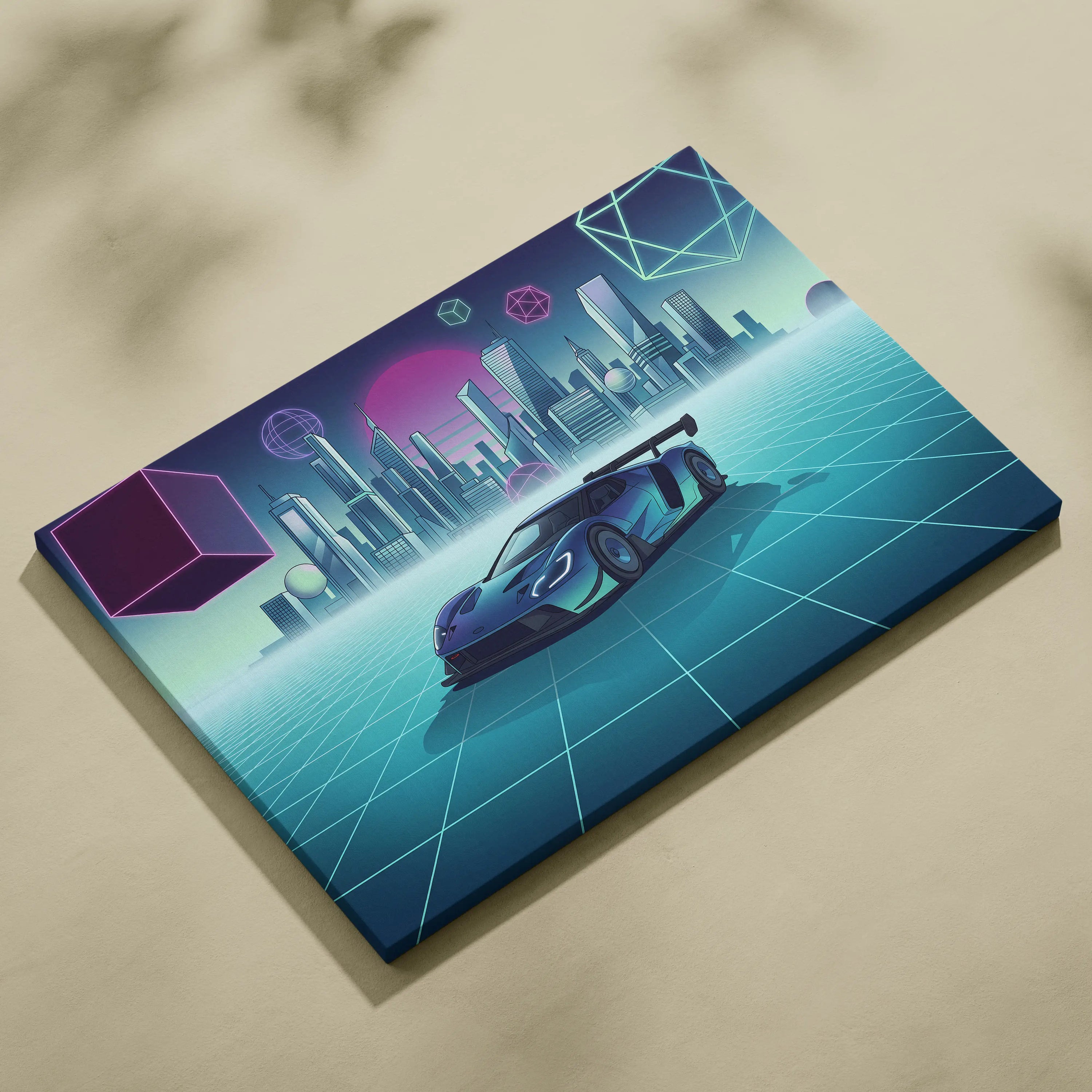 Ford GT Inspired Blue Teal Canvas Wall Art Vaporwave Supercar Artwork Neon City Garage Decor Retro Futuristic Motorsport Print