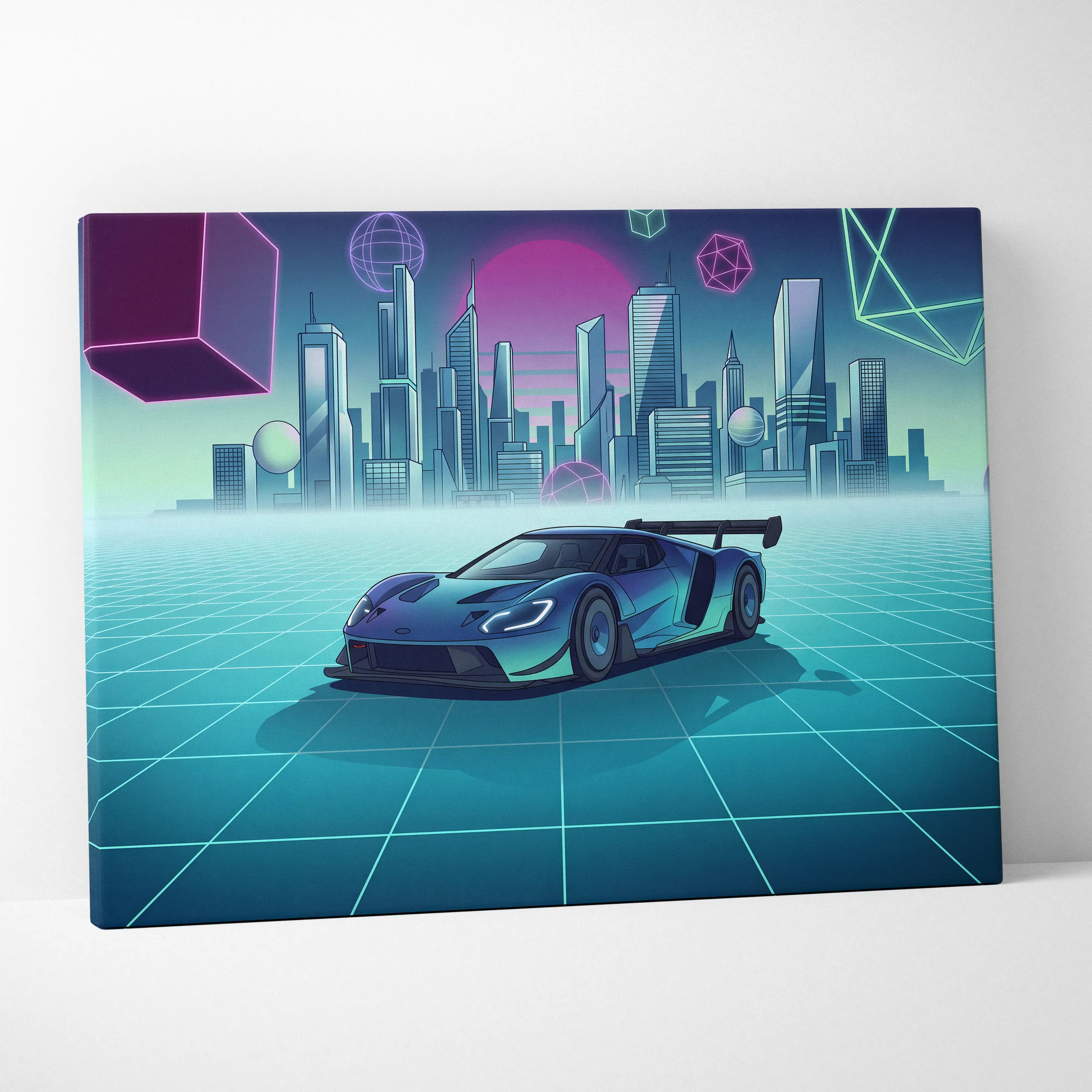 Ford GT Inspired Blue Teal Canvas Wall Art Vaporwave Supercar Artwork Neon City Garage Decor Retro Futuristic Motorsport Print