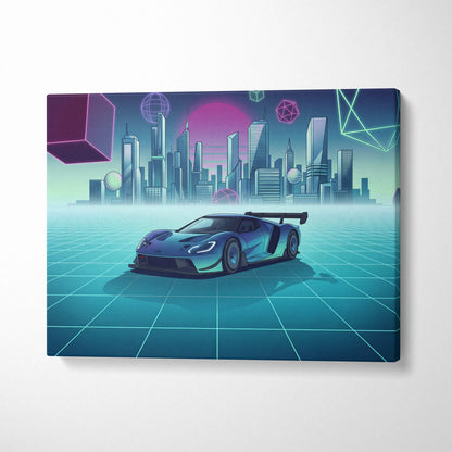 Ford GT Inspired Blue Teal Canvas Wall Art Vaporwave Supercar Artwork Neon City Garage Decor Retro Futuristic Motorsport Print