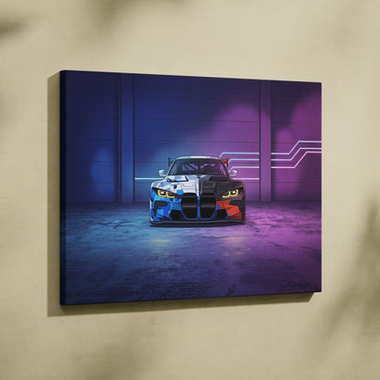 BMW M4 GT3 Inspired Vaporwave Car Canvas - Car Art Neon Blue Gradient Vaporwave Nostalgic Mood Retro Futurism Neon Car Wall Art Canvas