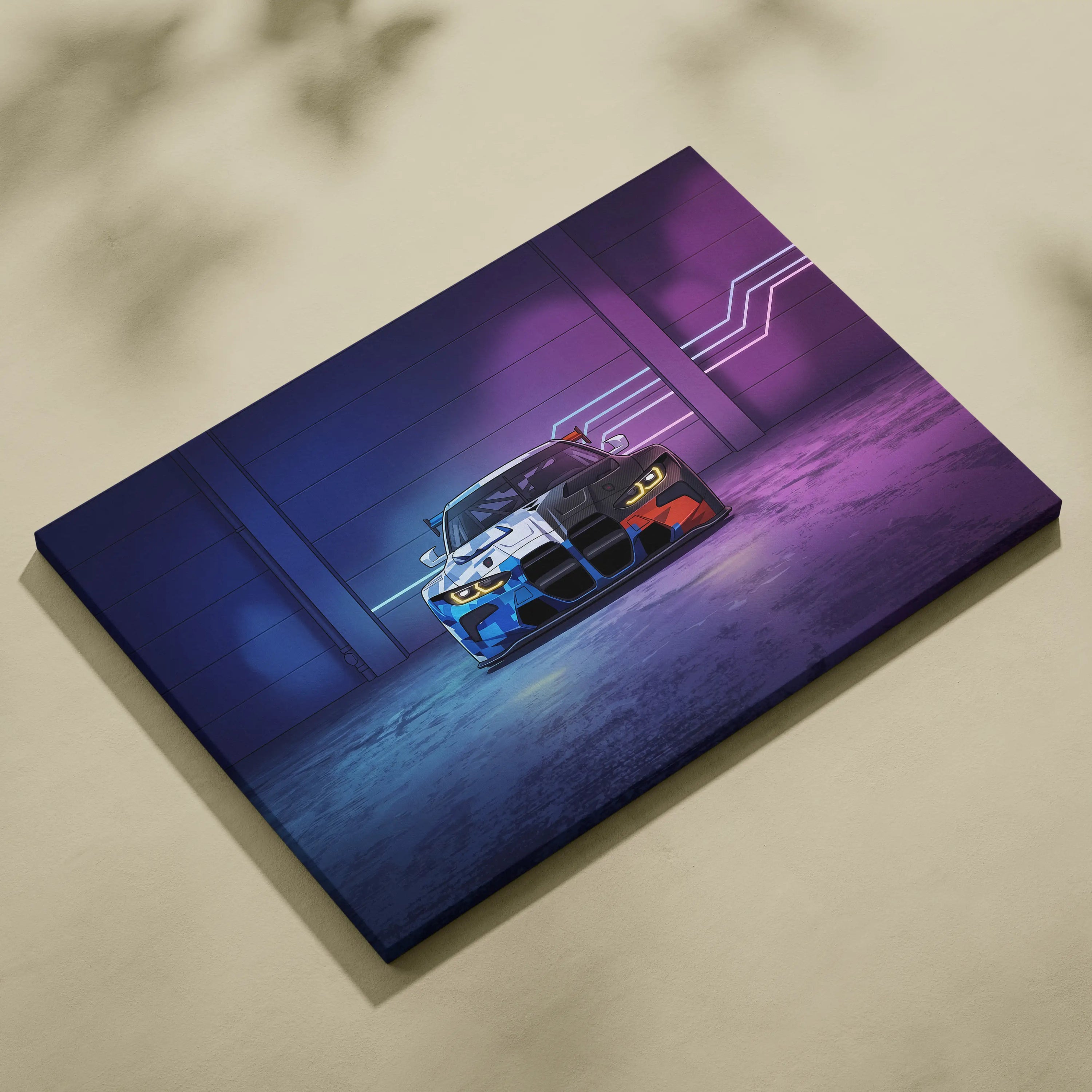 BMW M4 GT3 Inspired Vaporwave Car Canvas - Car Art Neon Blue Gradient Vaporwave Nostalgic Mood Retro Futurism Neon Car Wall Art Canvas