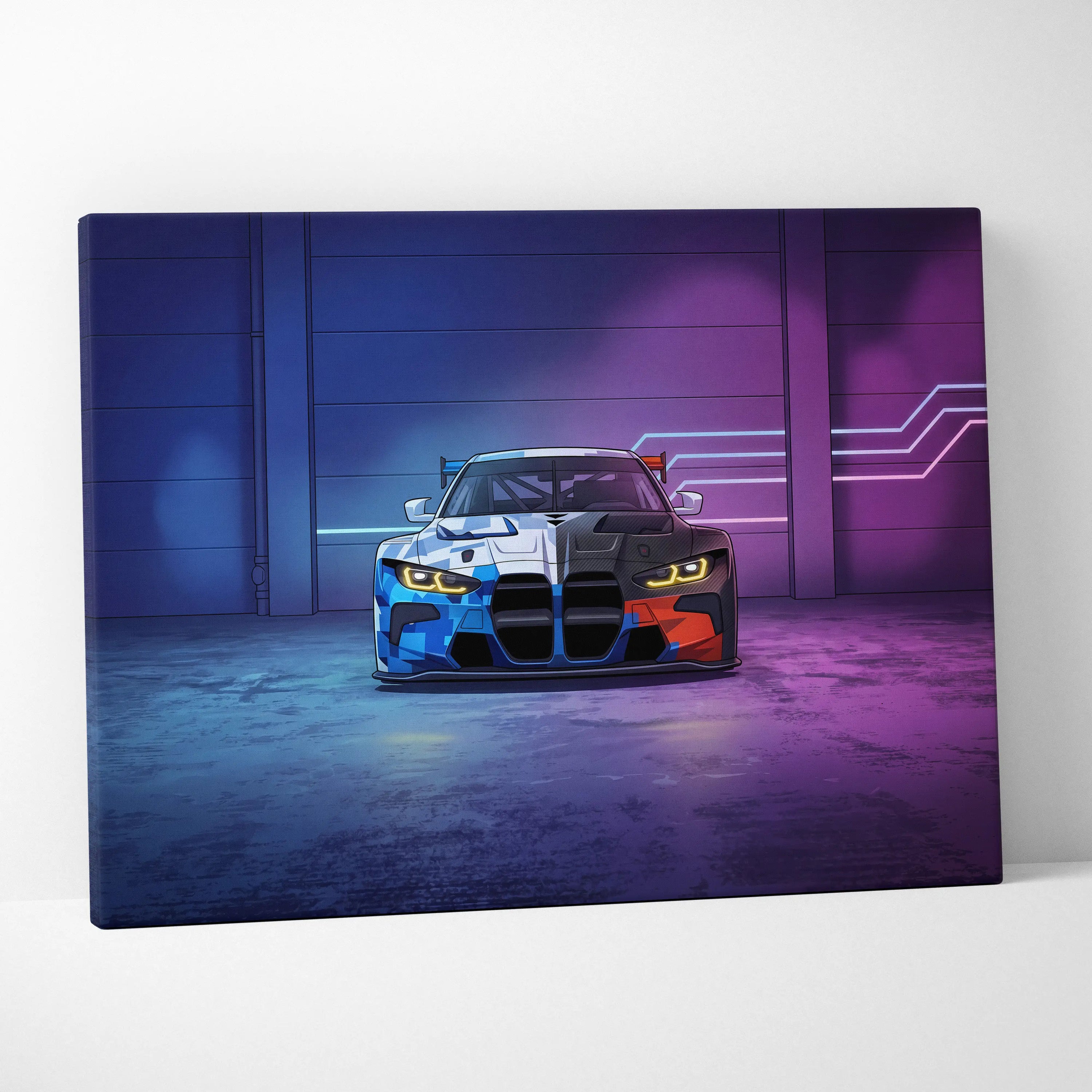 BMW M4 GT3 Inspired Vaporwave Car Canvas - Car Art Neon Blue Gradient Vaporwave Nostalgic Mood Retro Futurism Neon Car Wall Art Canvas