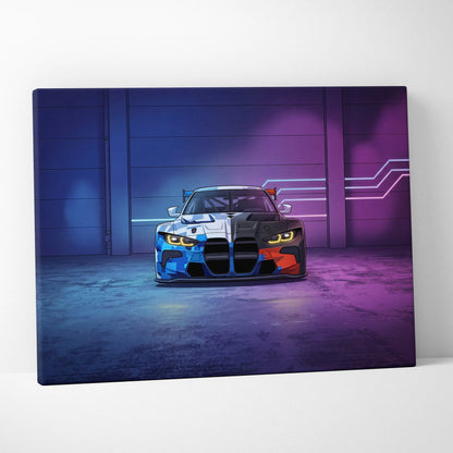 BMW M4 GT3 Inspired Vaporwave Car Canvas - Car Art Neon Blue Gradient Vaporwave Nostalgic Mood Retro Futurism Neon Car Wall Art Canvas