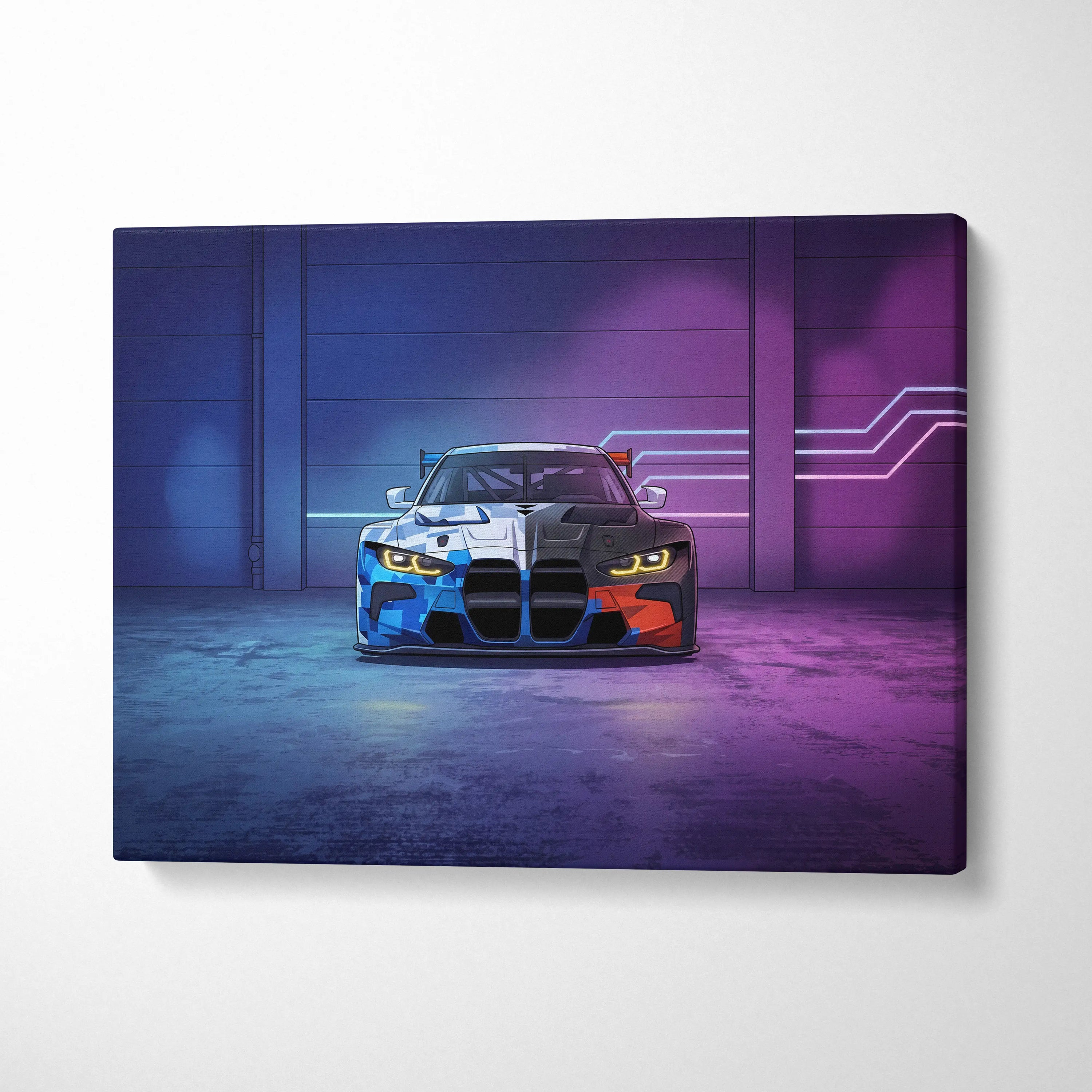 BMW M4 GT3 Inspired Vaporwave Car Canvas - Car Art Neon Blue Gradient Vaporwave Nostalgic Mood Retro Futurism Neon Car Wall Art Canvas