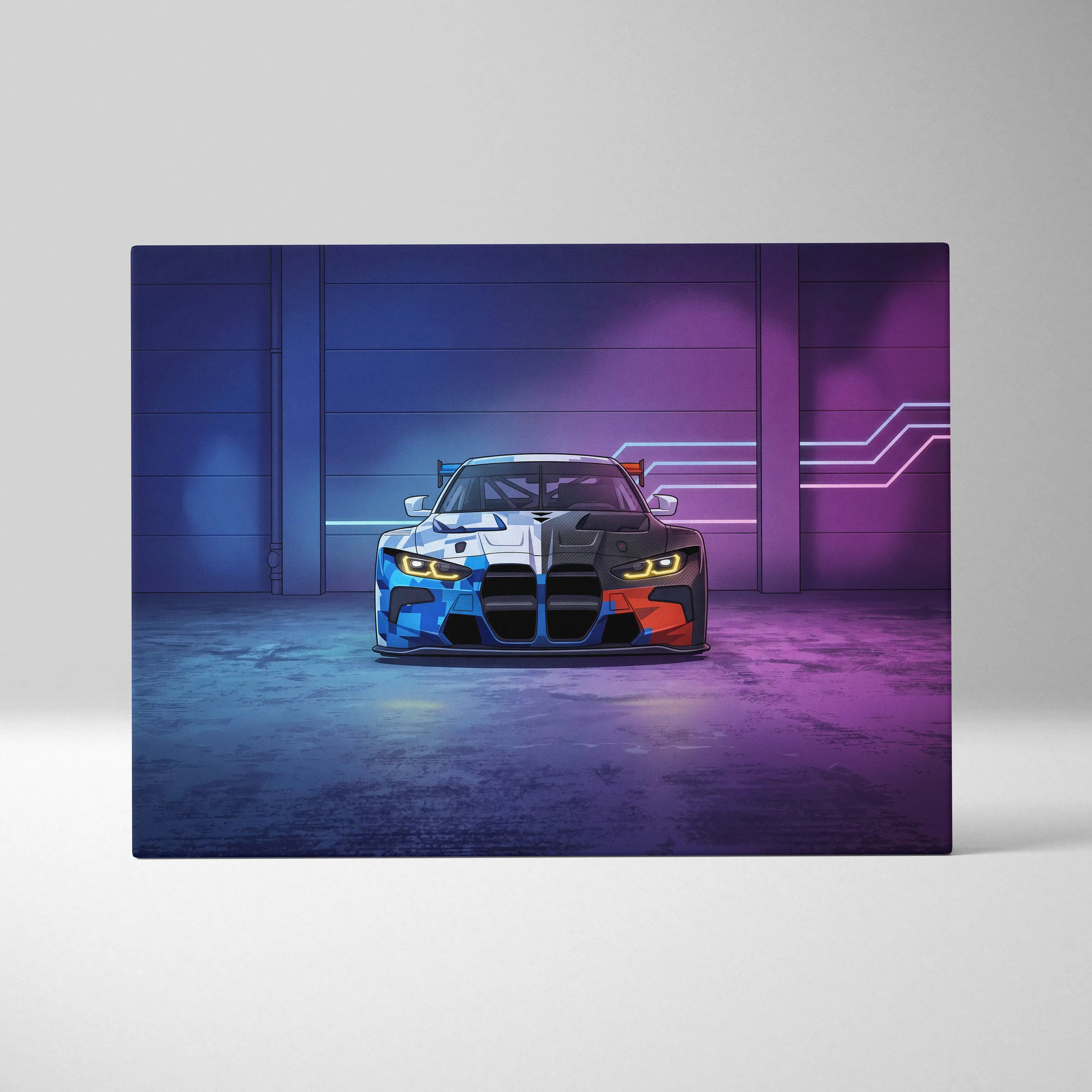 BMW M4 GT3 Inspired Vaporwave Car Canvas - Car Art Neon Blue Gradient Vaporwave Nostalgic Mood Retro Futurism Neon Car Wall Art Canvas