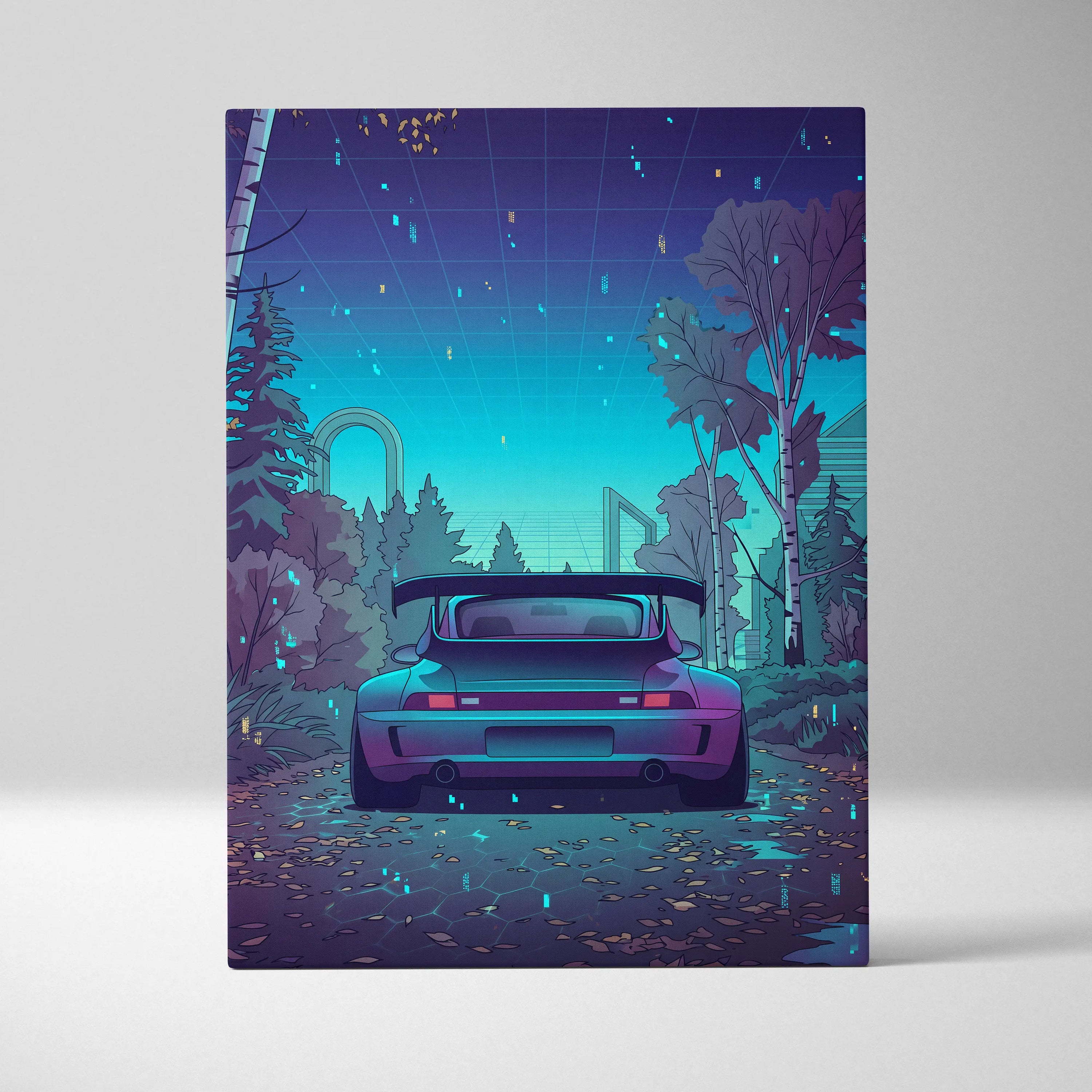 RWB Porsche 911 Turbo Inspired Teal Purple Forest Canvas Wall Art Vaporwave Sports Car Artwork, Moody Cyberpunk Garage Decor Print