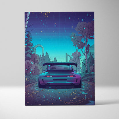 RWB Porsche 911 Turbo Inspired Teal Purple Forest Canvas Wall Art Vaporwave Sports Car Artwork, Moody Cyberpunk Garage Decor Print