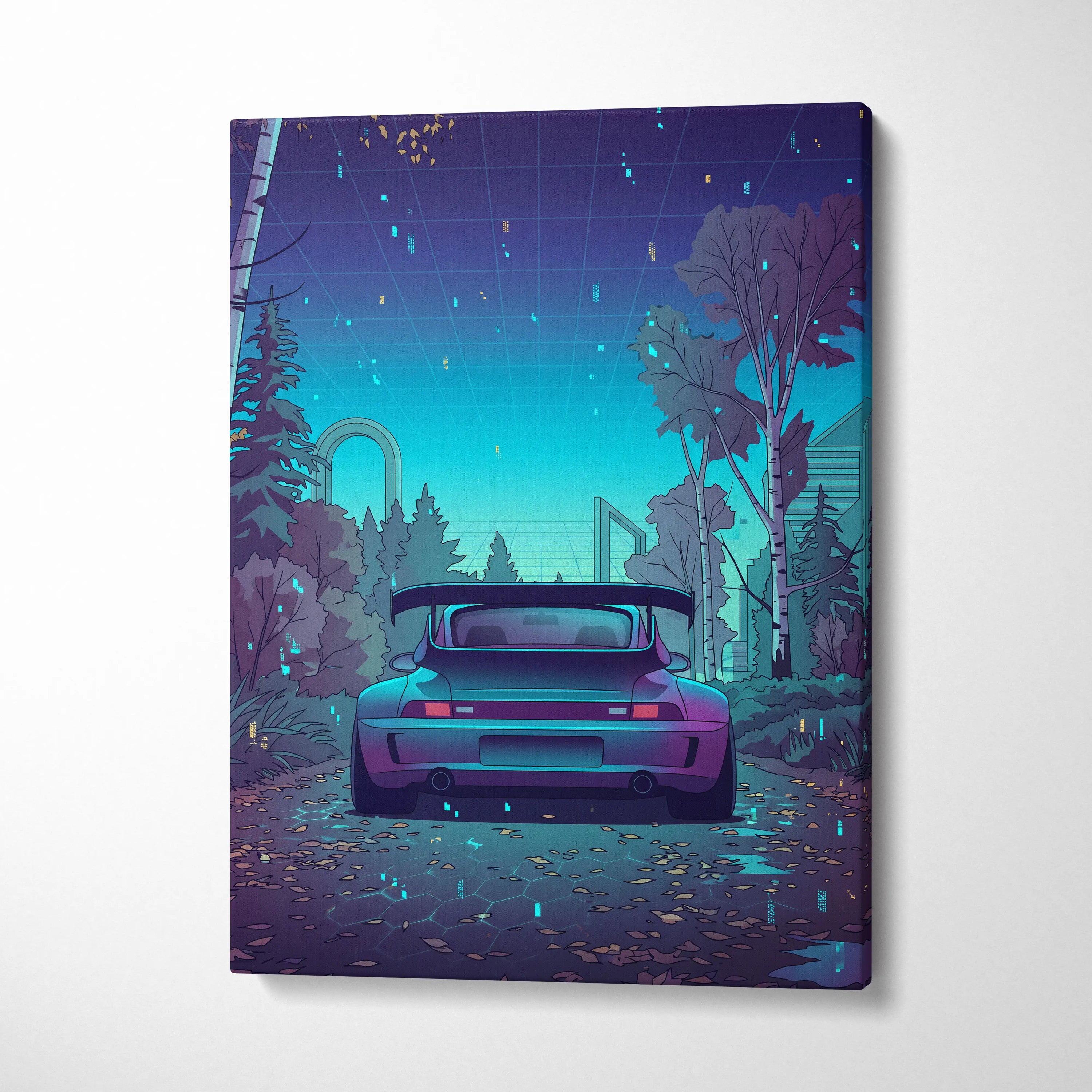 RWB Porsche 911 Turbo Inspired Teal Purple Forest Canvas Wall Art Vaporwave Sports Car Artwork, Moody Cyberpunk Garage Decor Print