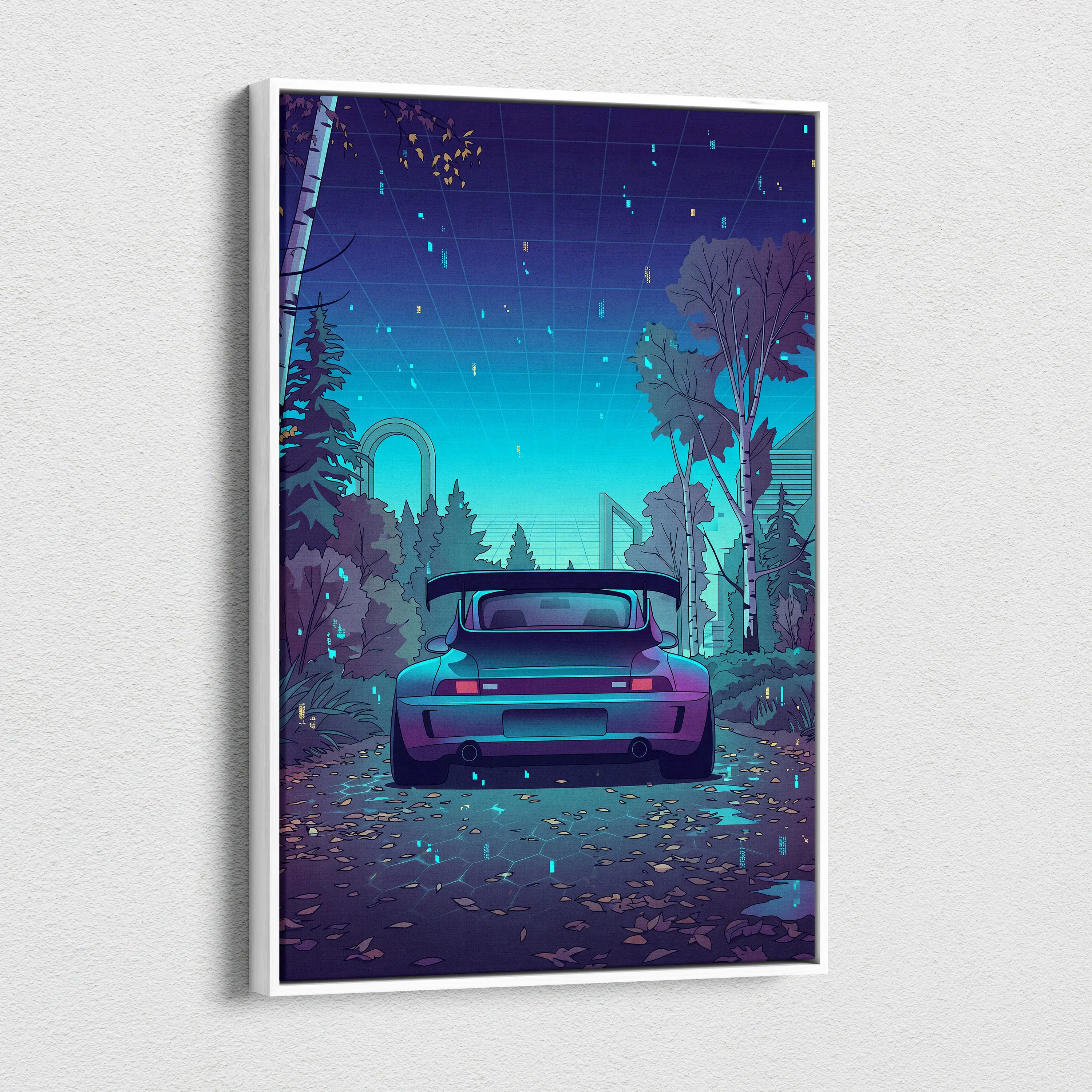 RWB Porsche 911 Turbo Inspired Teal Purple Forest Canvas Wall Art Vaporwave Sports Car Artwork, Moody Cyberpunk Garage Decor Print