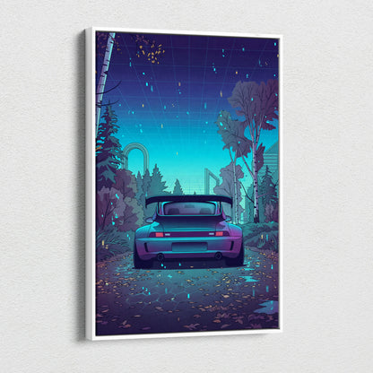RWB Porsche 911 Turbo Inspired Teal Purple Forest Canvas Wall Art Vaporwave Sports Car Artwork, Moody Cyberpunk Garage Decor Print