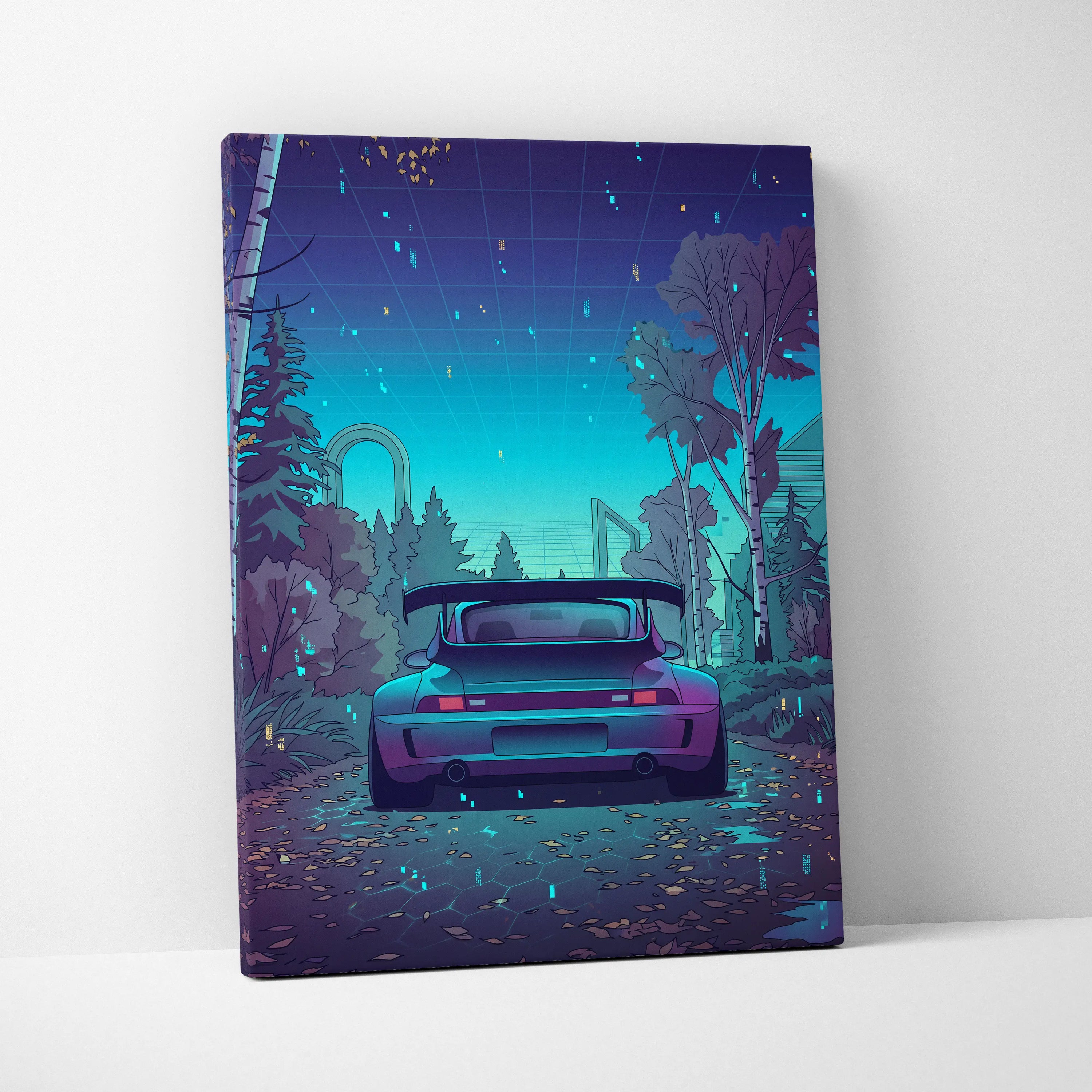 RWB Porsche 911 Turbo Inspired Teal Purple Forest Canvas Wall Art Vaporwave Sports Car Artwork, Moody Cyberpunk Garage Decor Print