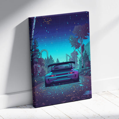 RWB Porsche 911 Turbo Inspired Teal Purple Forest Canvas Wall Art Vaporwave Sports Car Artwork, Moody Cyberpunk Garage Decor Print