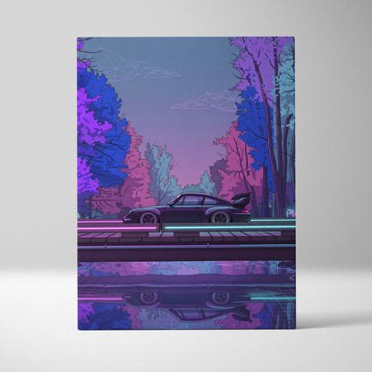 RWB Porsche 911 Inspired Purple Blue Forest Canvas Wall Art Vaporwave Neon Sports Car Artwork, Moody Cyberpunk Garage Decor Print