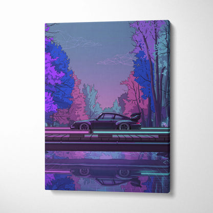 RWB Porsche 911 Inspired Purple Blue Forest Canvas Wall Art Vaporwave Neon Sports Car Artwork, Moody Cyberpunk Garage Decor Print