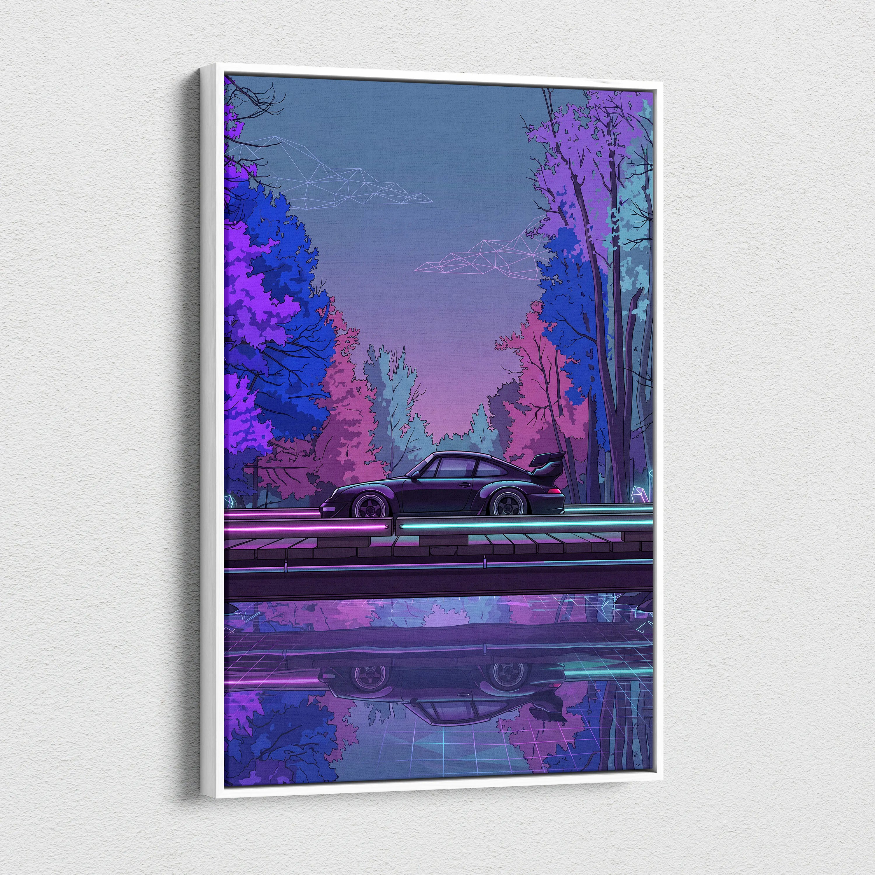 RWB Porsche 911 Inspired Purple Blue Forest Canvas Wall Art Vaporwave Neon Sports Car Artwork, Moody Cyberpunk Garage Decor Print