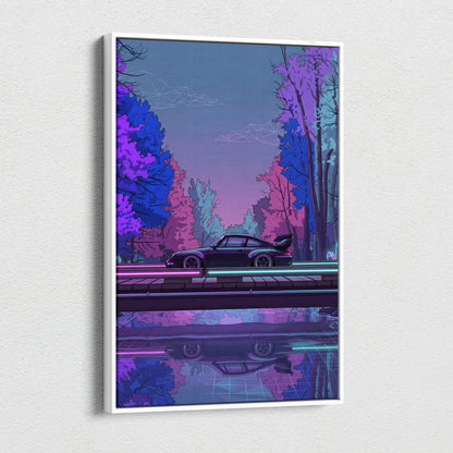 RWB Porsche 911 Inspired Purple Blue Forest Canvas Wall Art Vaporwave Neon Sports Car Artwork, Moody Cyberpunk Garage Decor Print