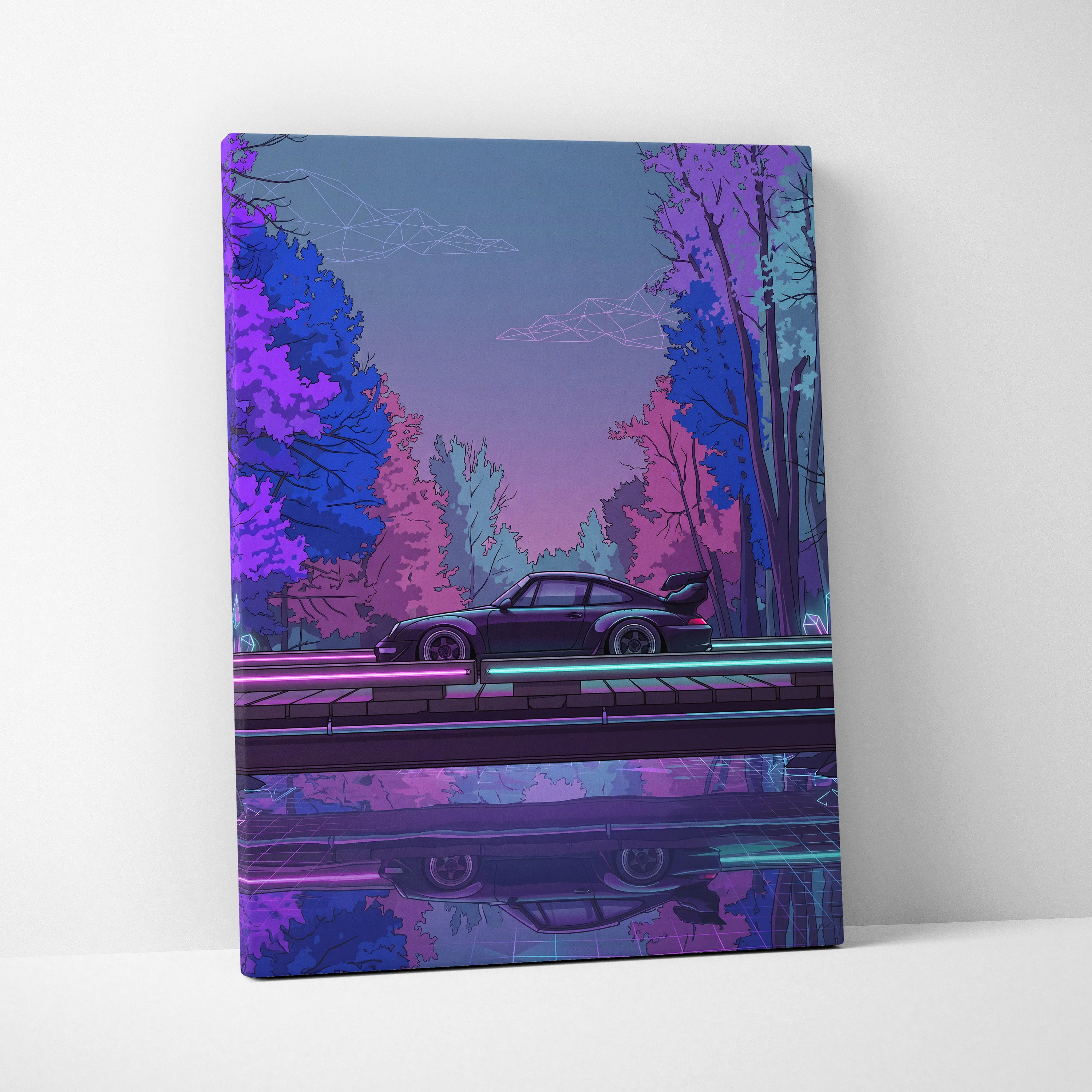 RWB Porsche 911 Inspired Purple Blue Forest Canvas Wall Art Vaporwave Neon Sports Car Artwork, Moody Cyberpunk Garage Decor Print