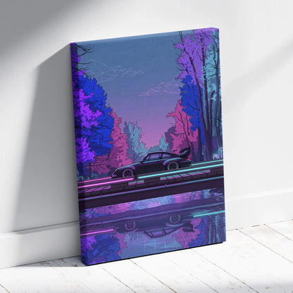 RWB Porsche 911 Inspired Purple Blue Forest Canvas Wall Art Vaporwave Neon Sports Car Artwork, Moody Cyberpunk Garage Decor Print