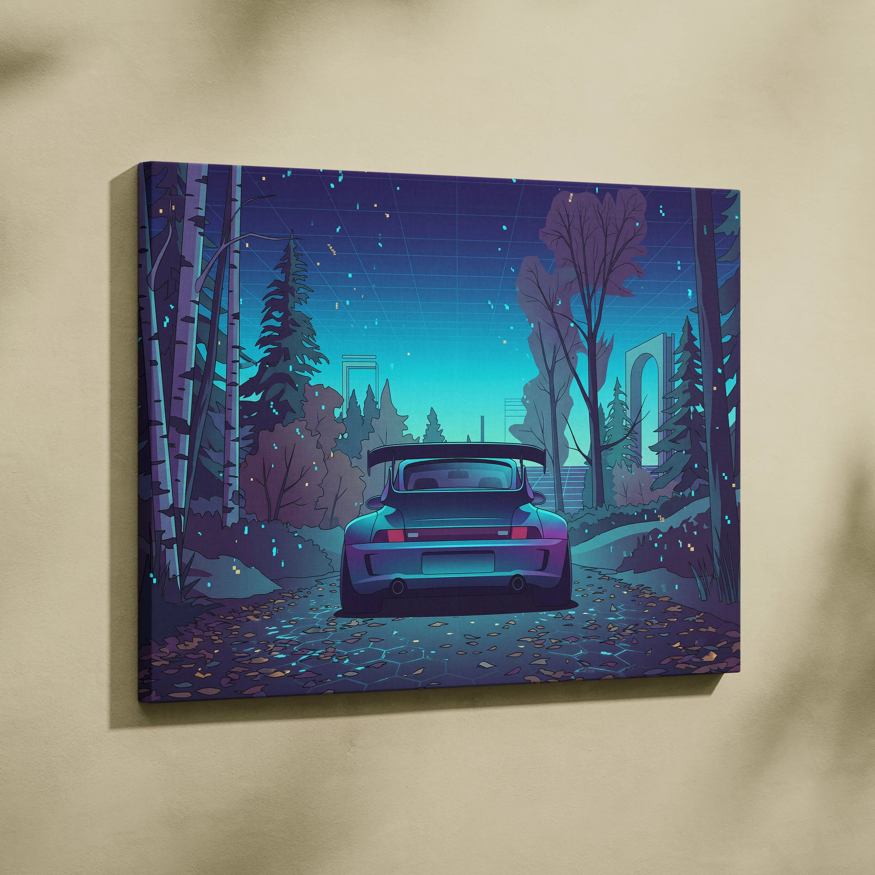 RWB Porsche 911 Turbo Inspired Teal Purple Forest Canvas Wall Art Vaporwave Sports Car Artwork, Moody Cyberpunk Garage Decor Print