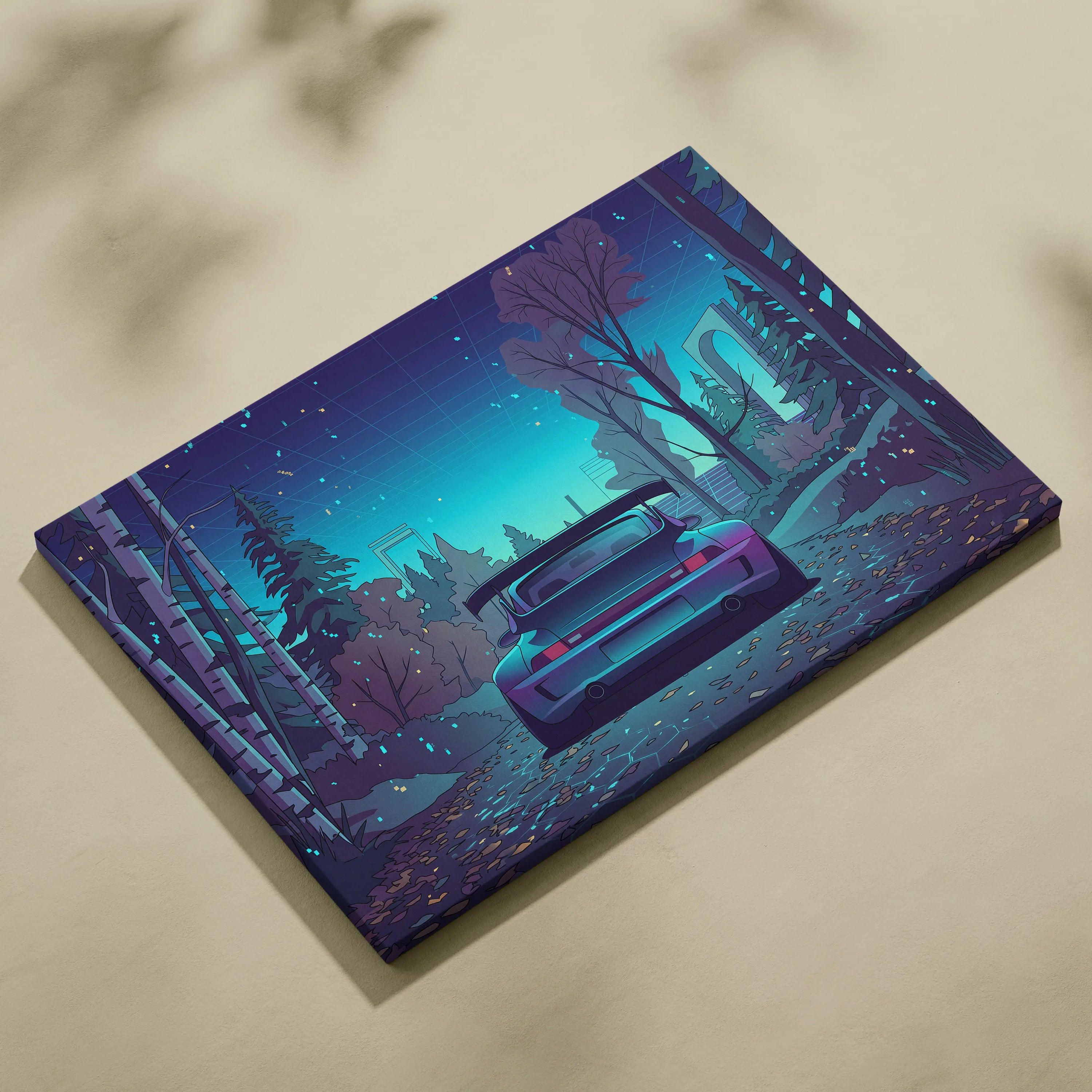 RWB Porsche 911 Turbo Inspired Teal Purple Forest Canvas Wall Art Vaporwave Sports Car Artwork, Moody Cyberpunk Garage Decor Print