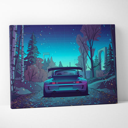 RWB Porsche 911 Turbo Inspired Teal Purple Forest Canvas Wall Art Vaporwave Sports Car Artwork, Moody Cyberpunk Garage Decor Print