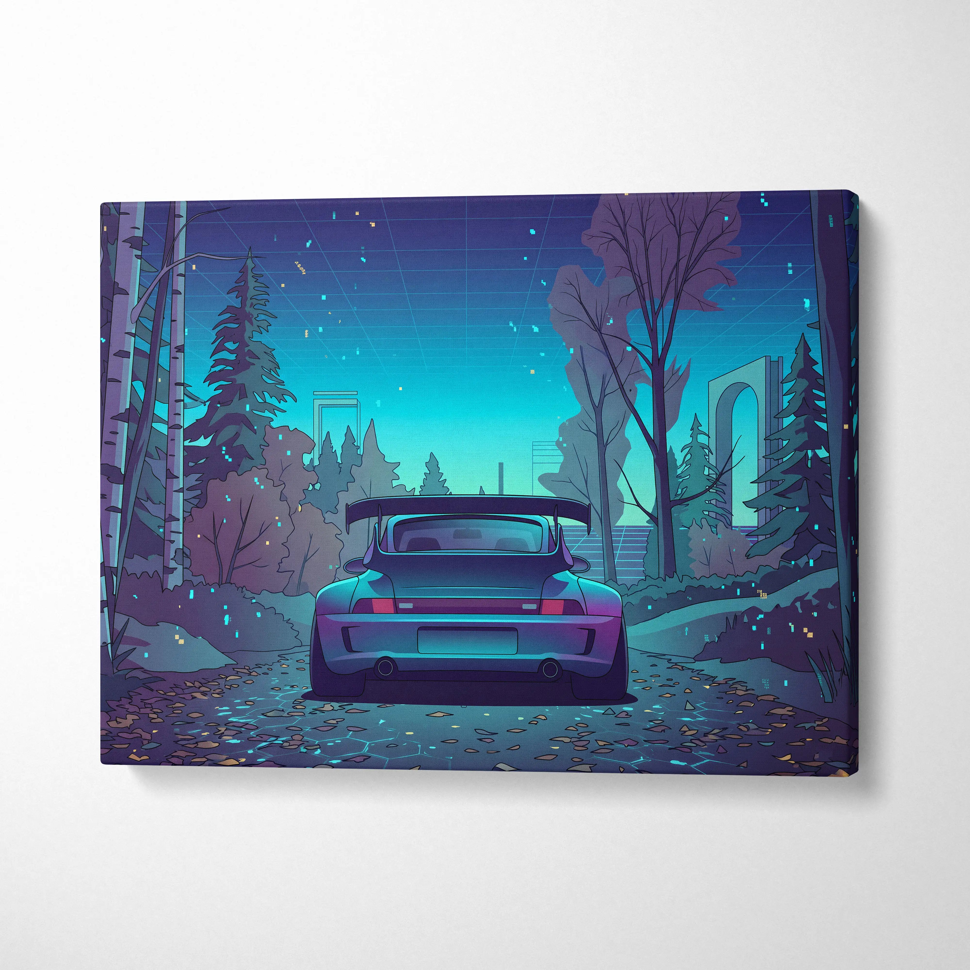 RWB Porsche 911 Turbo Inspired Teal Purple Forest Canvas Wall Art Vaporwave Sports Car Artwork, Moody Cyberpunk Garage Decor Print