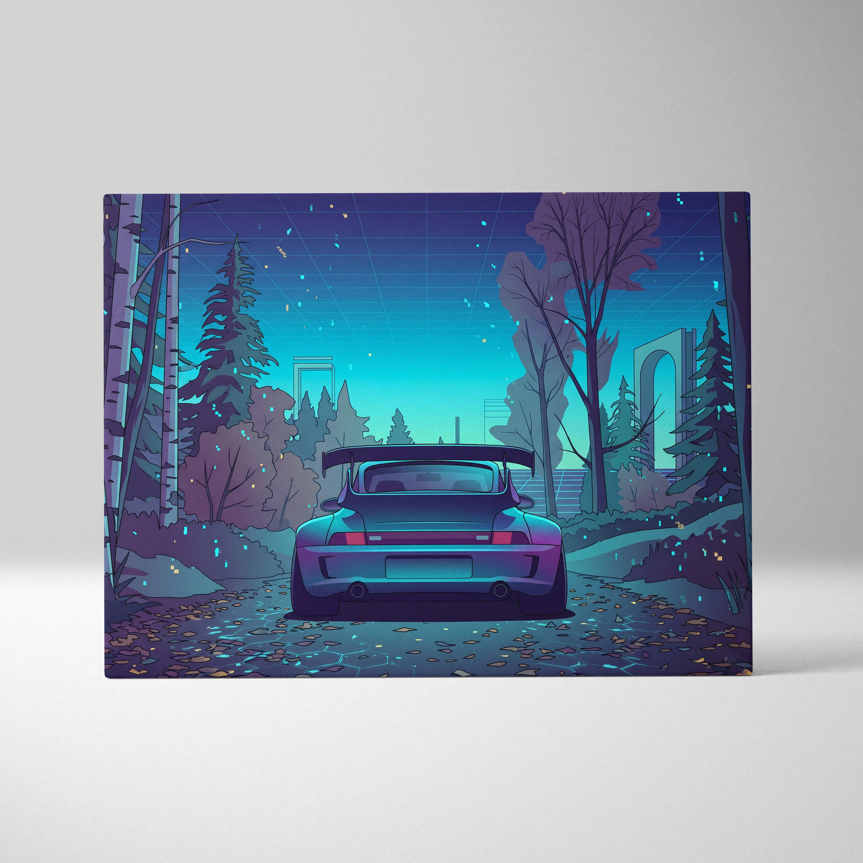 RWB Porsche 911 Turbo Inspired Teal Purple Forest Canvas Wall Art Vaporwave Sports Car Artwork, Moody Cyberpunk Garage Decor Print