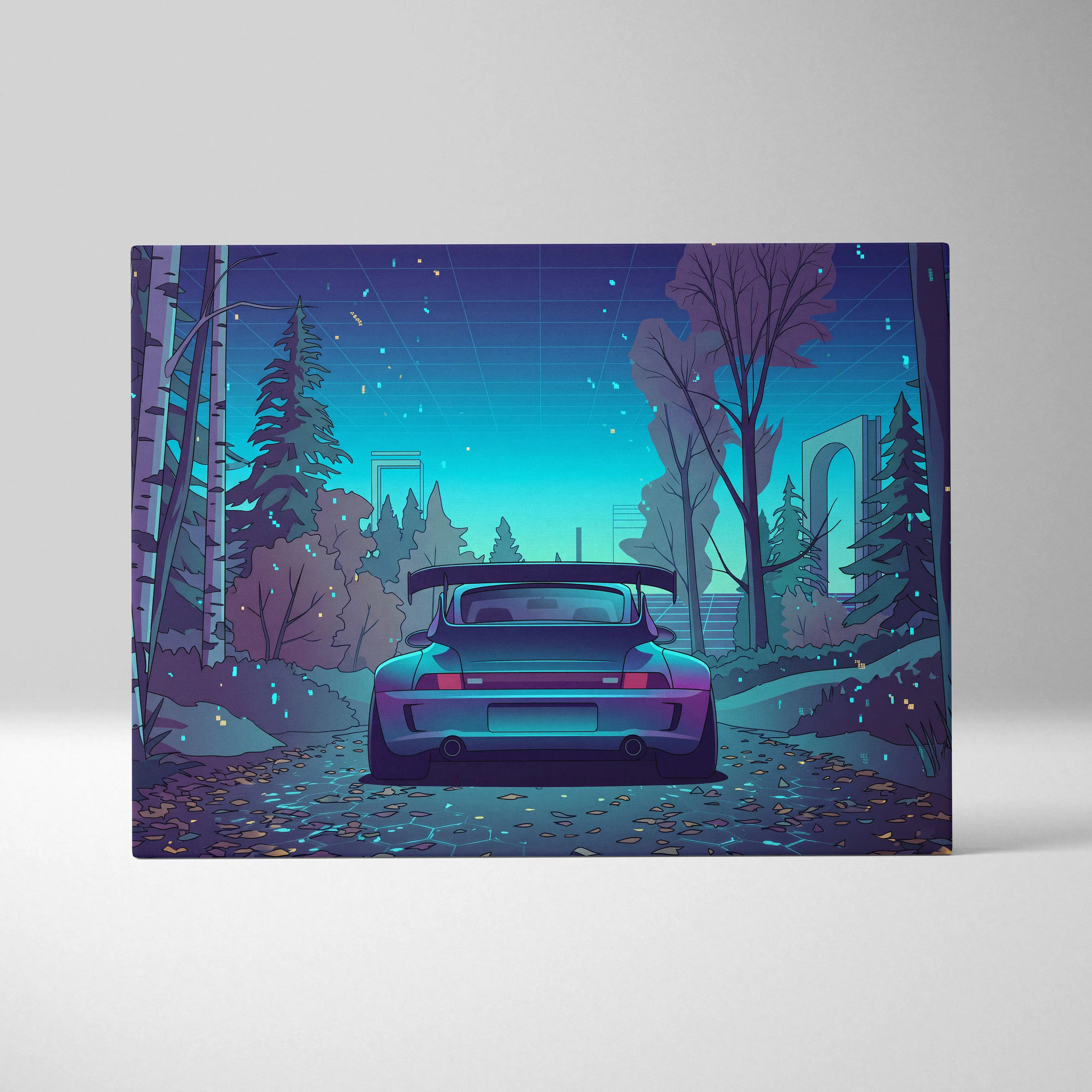 RWB Porsche 911 Turbo Inspired Teal Purple Forest Canvas Wall Art Vaporwave Sports Car Artwork, Moody Cyberpunk Garage Decor Print
