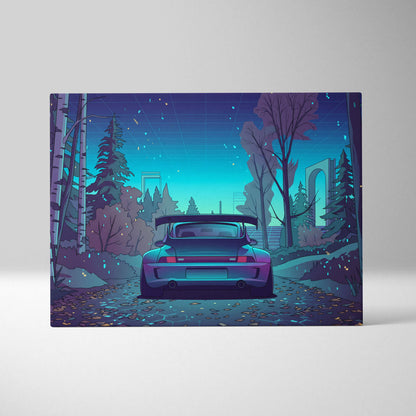 RWB Porsche 911 Turbo Inspired Teal Purple Forest Canvas Wall Art Vaporwave Sports Car Artwork, Moody Cyberpunk Garage Decor Print