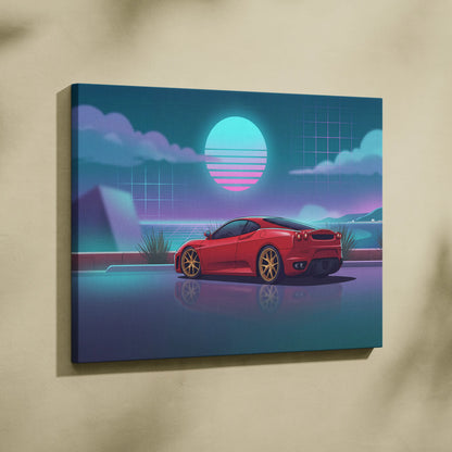Ferrari F430 Inspired Red Teal Canvas Wall Art, Vaporwave Sports Car Artwork, Neon Sunset Garage Decor, Retro Futuristic Exotic Car Print