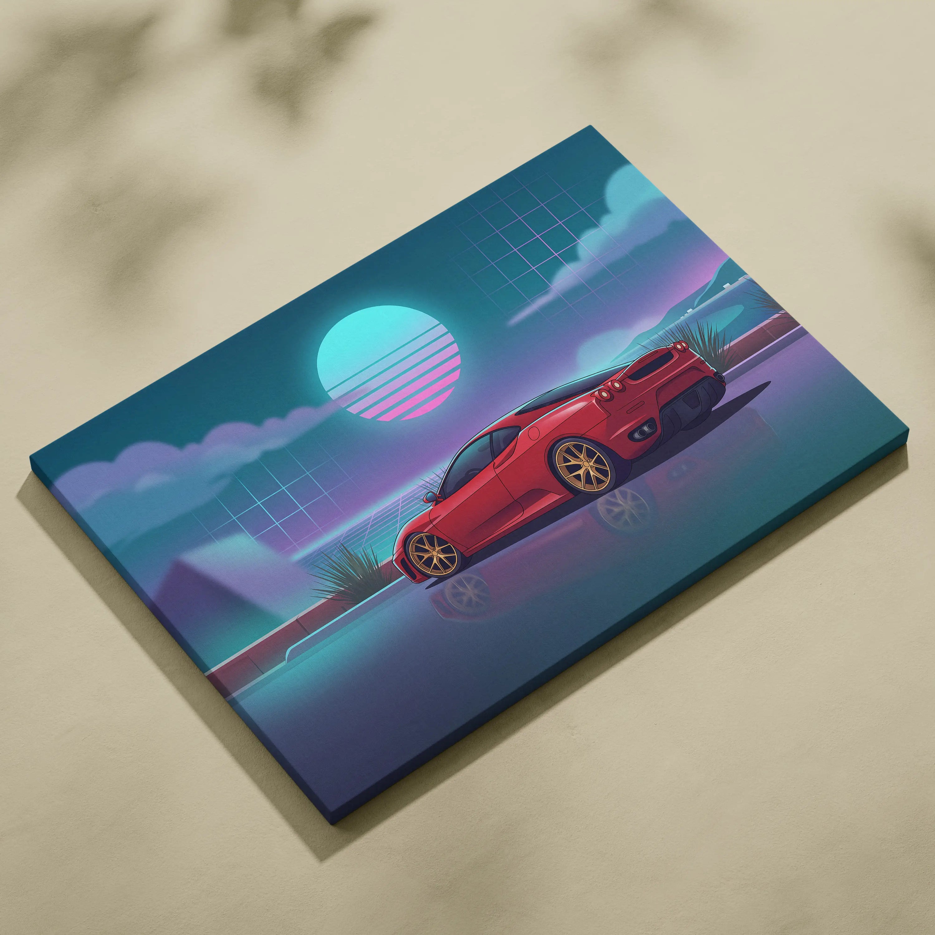 Ferrari F430 Inspired Red Teal Canvas Wall Art, Vaporwave Sports Car Artwork, Neon Sunset Garage Decor, Retro Futuristic Exotic Car Print