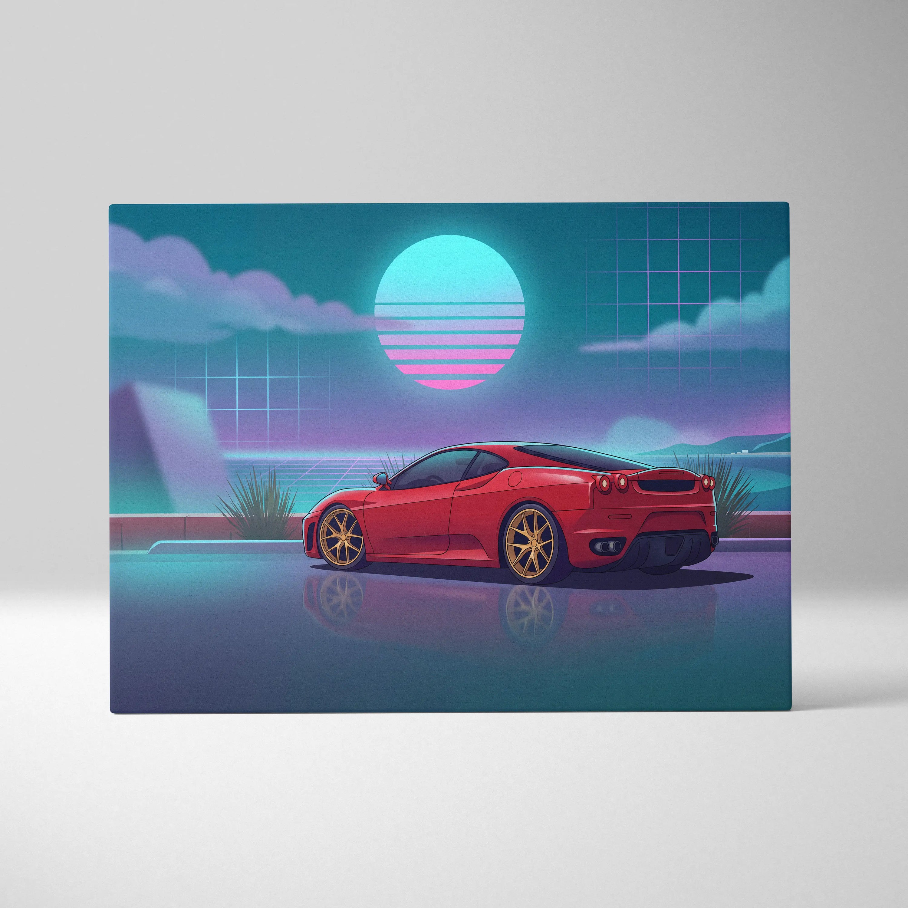 Ferrari F430 Inspired Red Teal Canvas Wall Art, Vaporwave Sports Car Artwork, Neon Sunset Garage Decor, Retro Futuristic Exotic Car Print