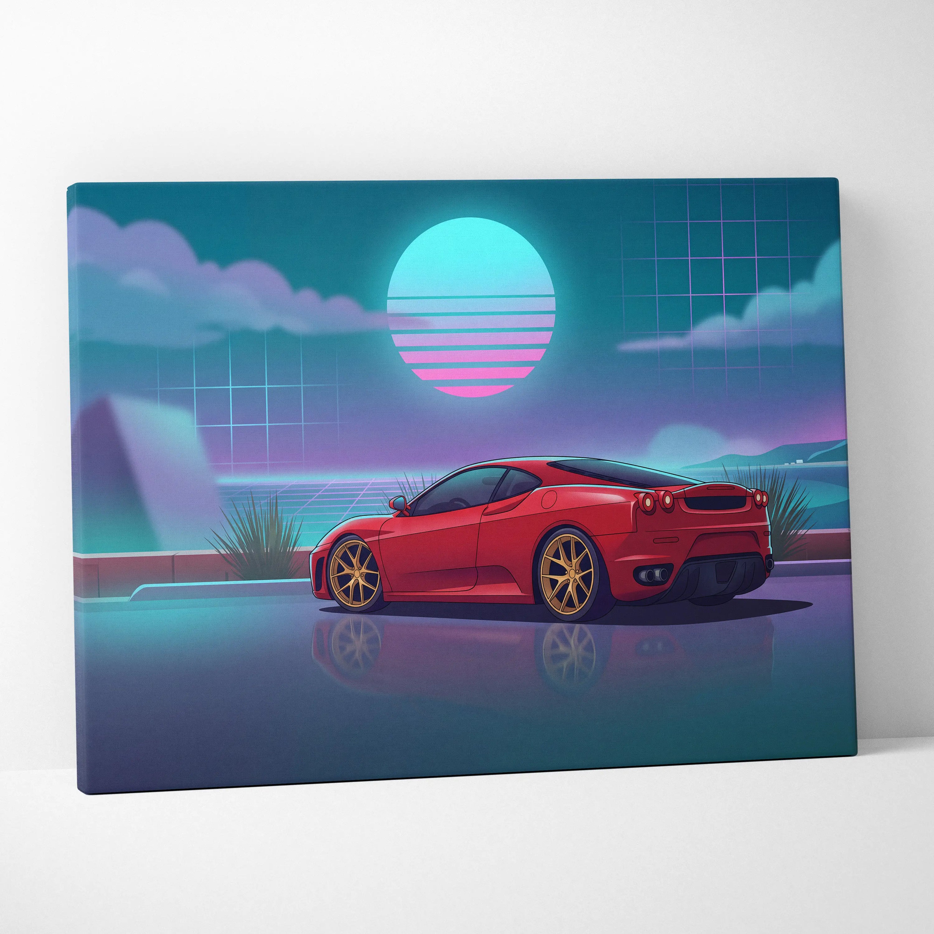 Ferrari F430 Inspired Red Teal Canvas Wall Art, Vaporwave Sports Car Artwork, Neon Sunset Garage Decor, Retro Futuristic Exotic Car Print