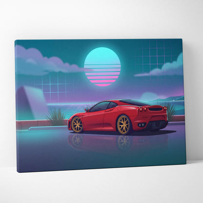Ferrari F430 Inspired Red Teal Canvas Wall Art, Vaporwave Sports Car Artwork, Neon Sunset Garage Decor, Retro Futuristic Exotic Car Print